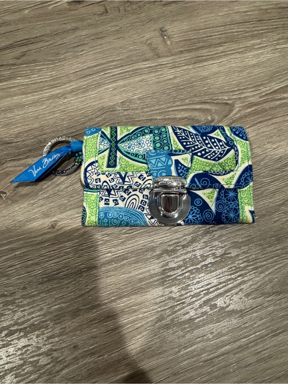 Vera Bradley Blue & Lime Patterned Small Wallet with Keyring - Like New